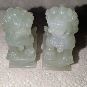 Vintage Pair Of Light Green Jade Chinese Foo Dogs Decor Accents.
